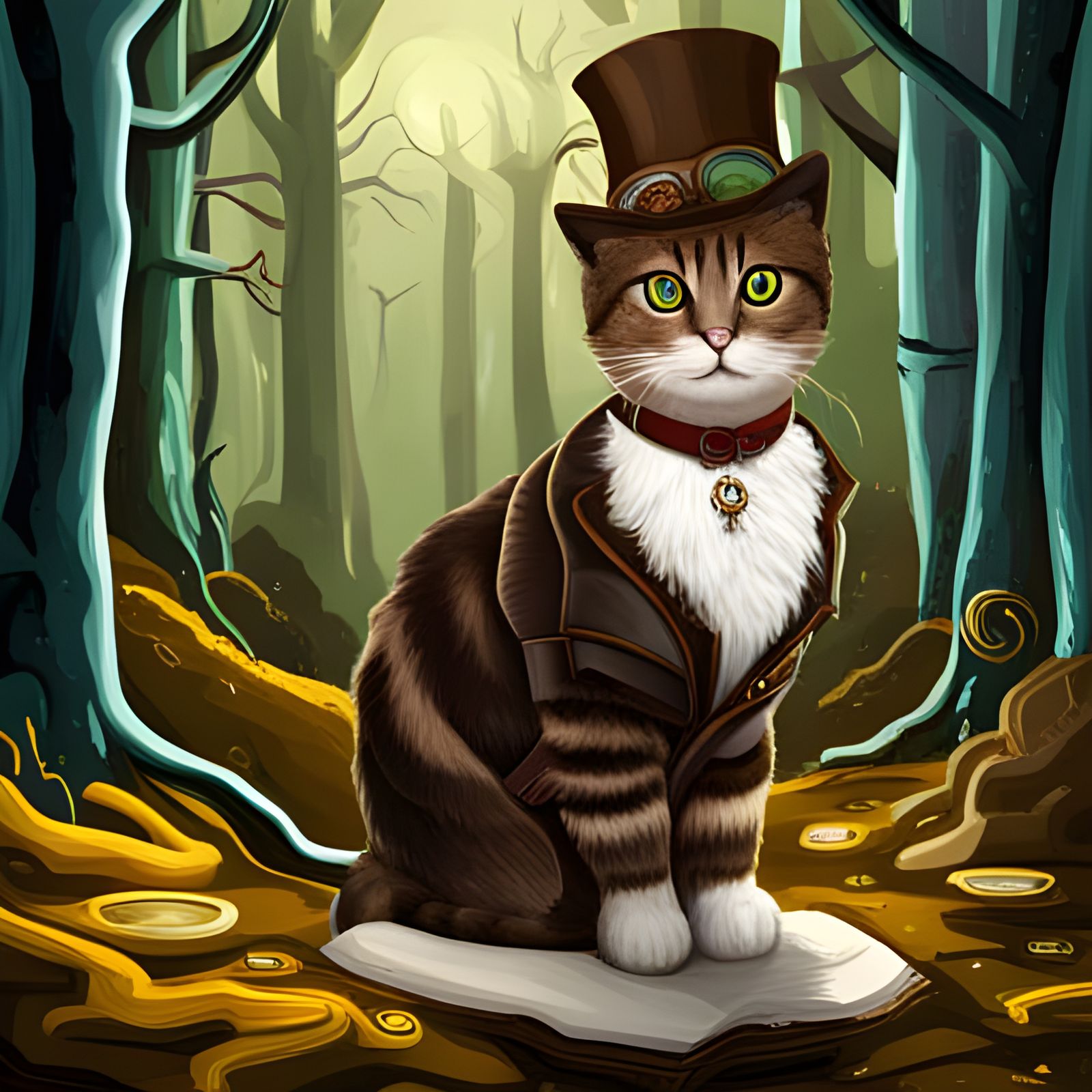 steampunk cat in a forest
