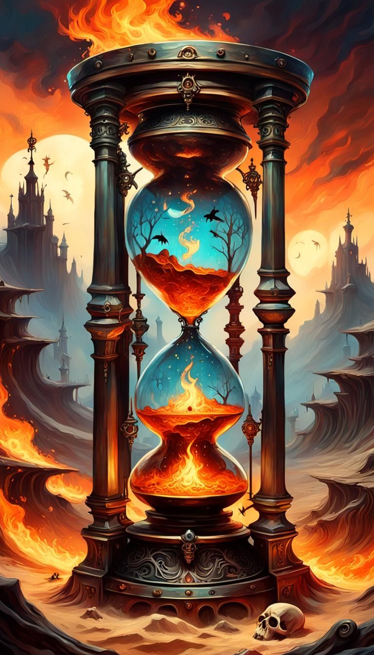 Big Hourglass From Hell Dripping Sand Crawling Spiders Skulls Fire 