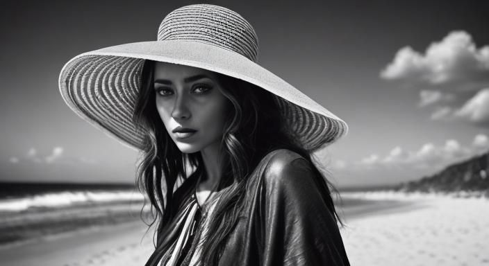 Photorealistic black and white portrait, portrait of a person wearing beach hat and dress, windy day, ray tracing, dramatic lighting, awesom...
