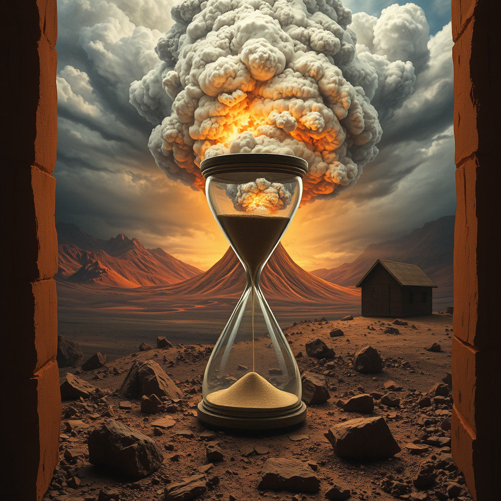Surreal Volcanic Eruption with Hourglass, in Surrealist Styl...