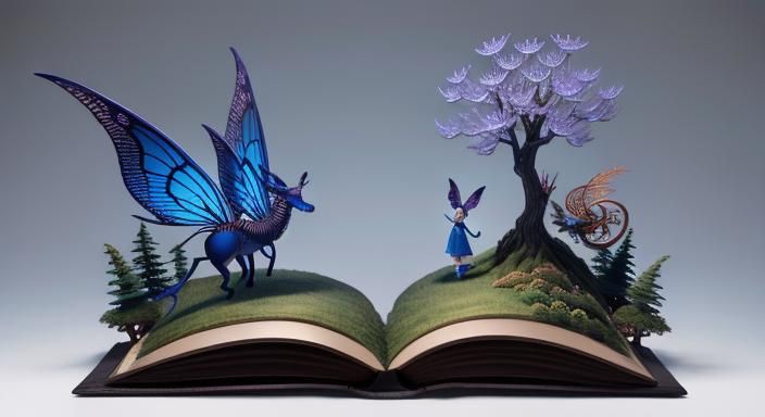 an open mysterious fairytale wooden sculpture book in style ...