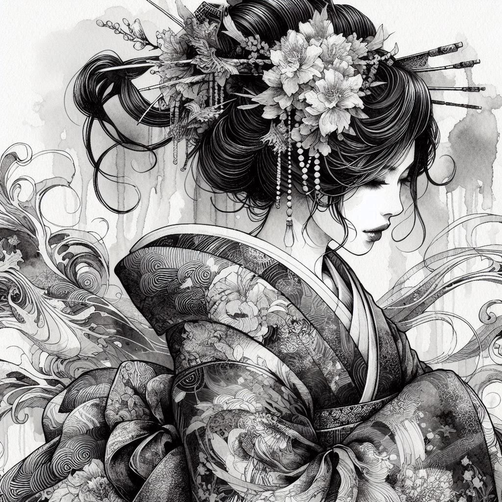 ink-and-wash style artwork of a woman in a Japanese kimono