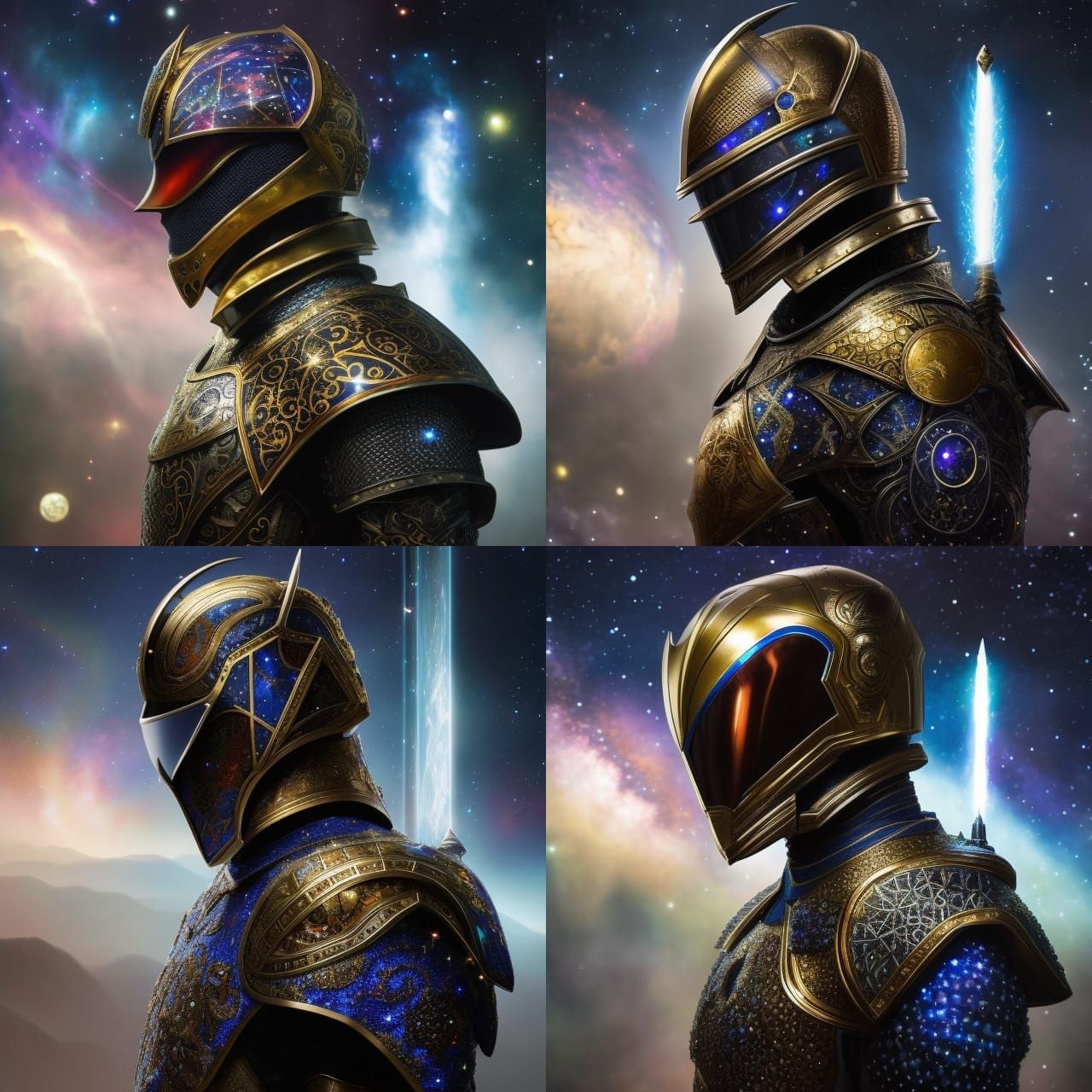 a knight dons a suit of armor made of stars and galaxies, de...