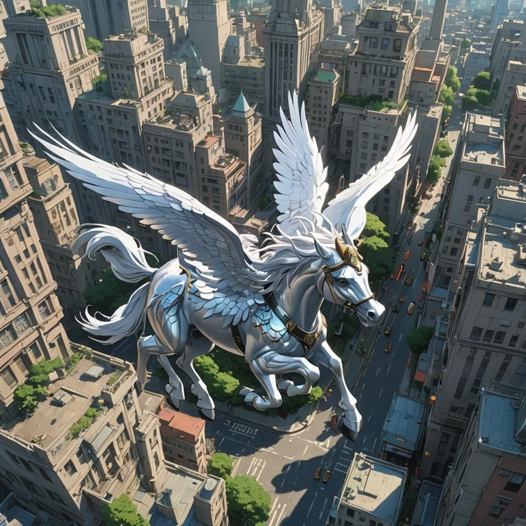 Silver Pegasus, flying through the city. A crown, and beauti...