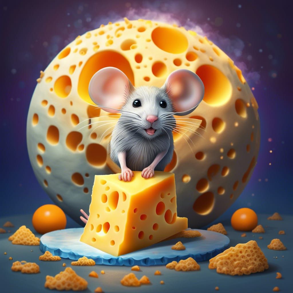 A big full moon made from cheese, a cute mouse living on the cheese moon. High resolution.   by @Irene
