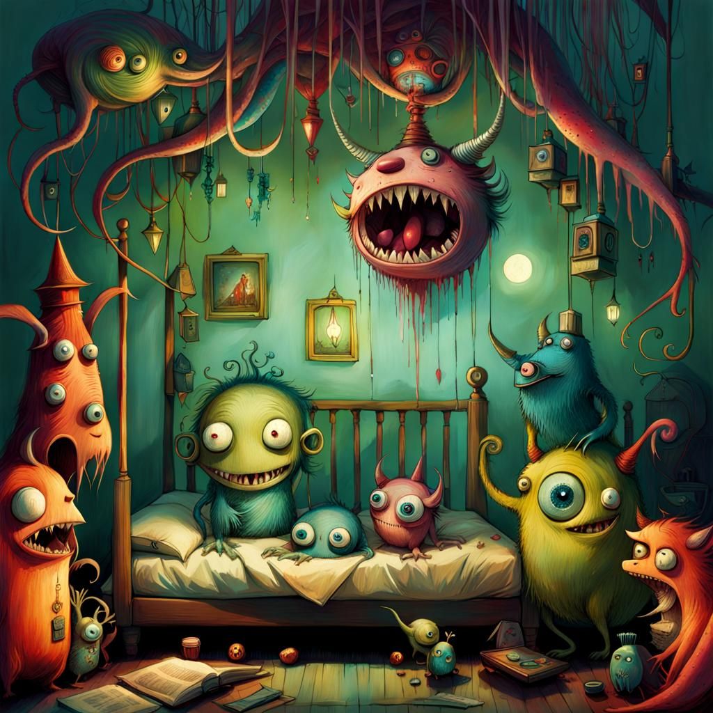 Dreamscape Whimsical monsters under the bed media ink