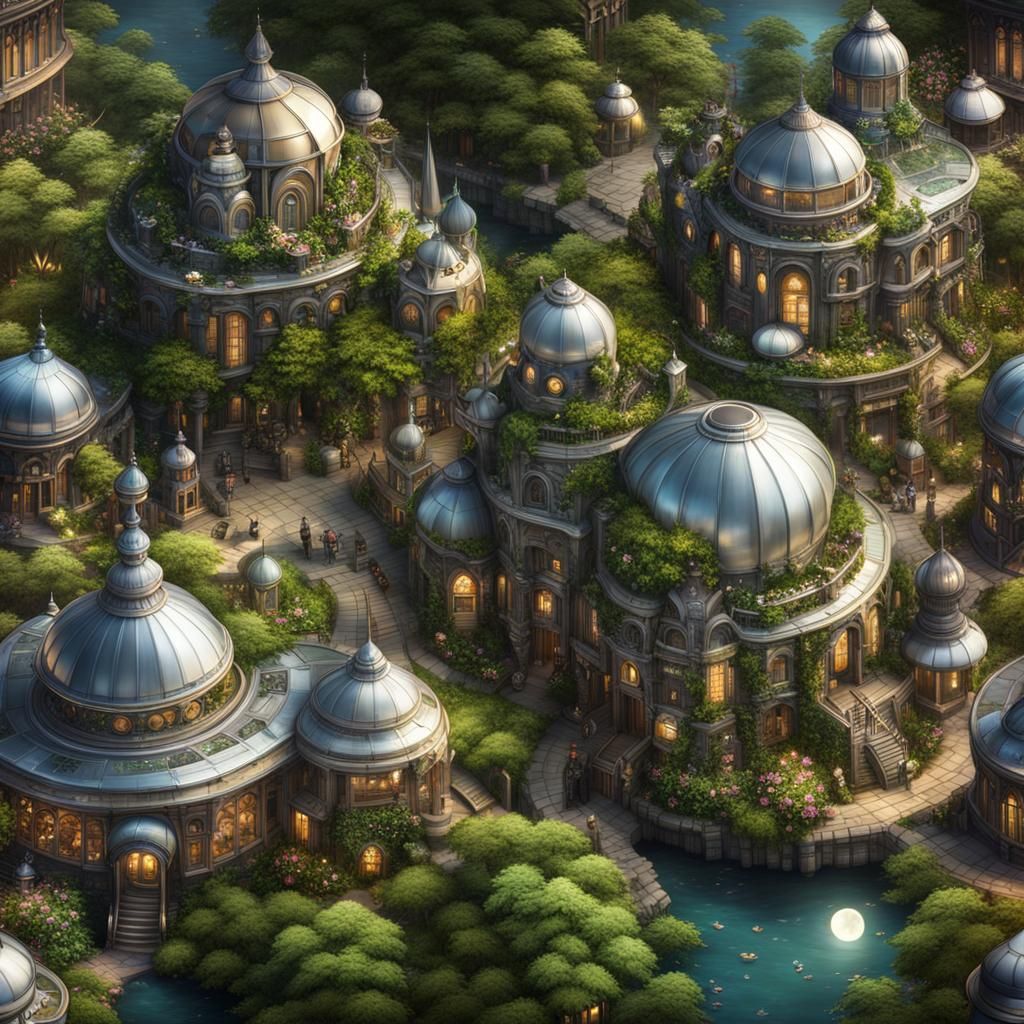 fantasy town overgrown with plants and flowers