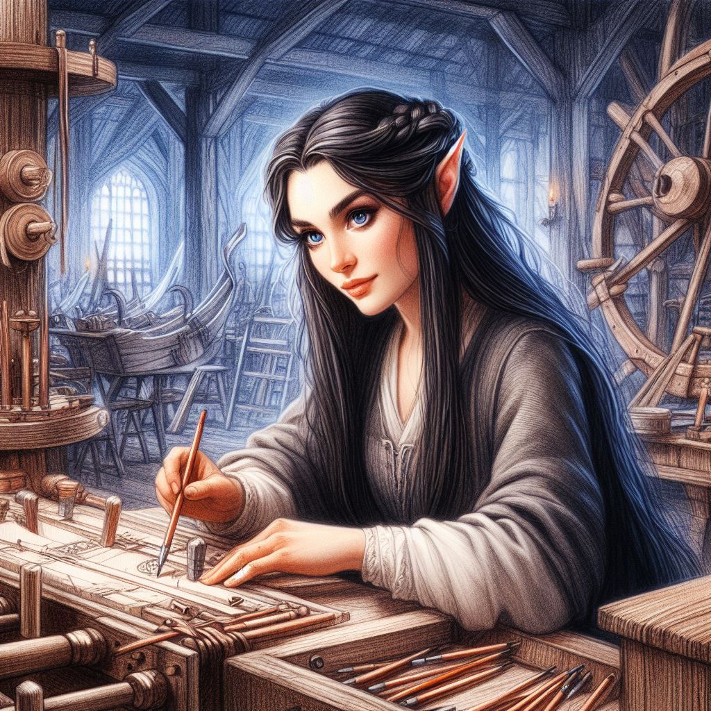 Telerin Elf-maiden in the shipyard by work