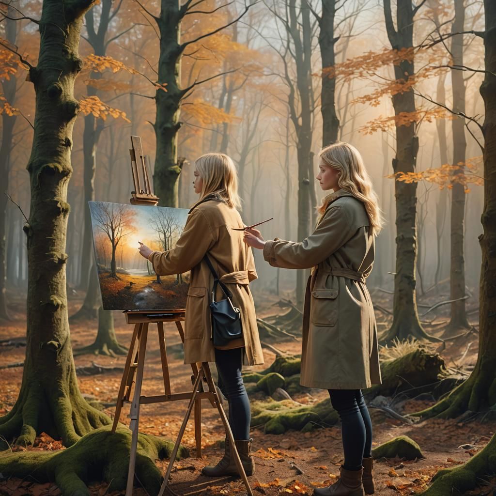 Girl Paints Autumn Scene in Winter Forest