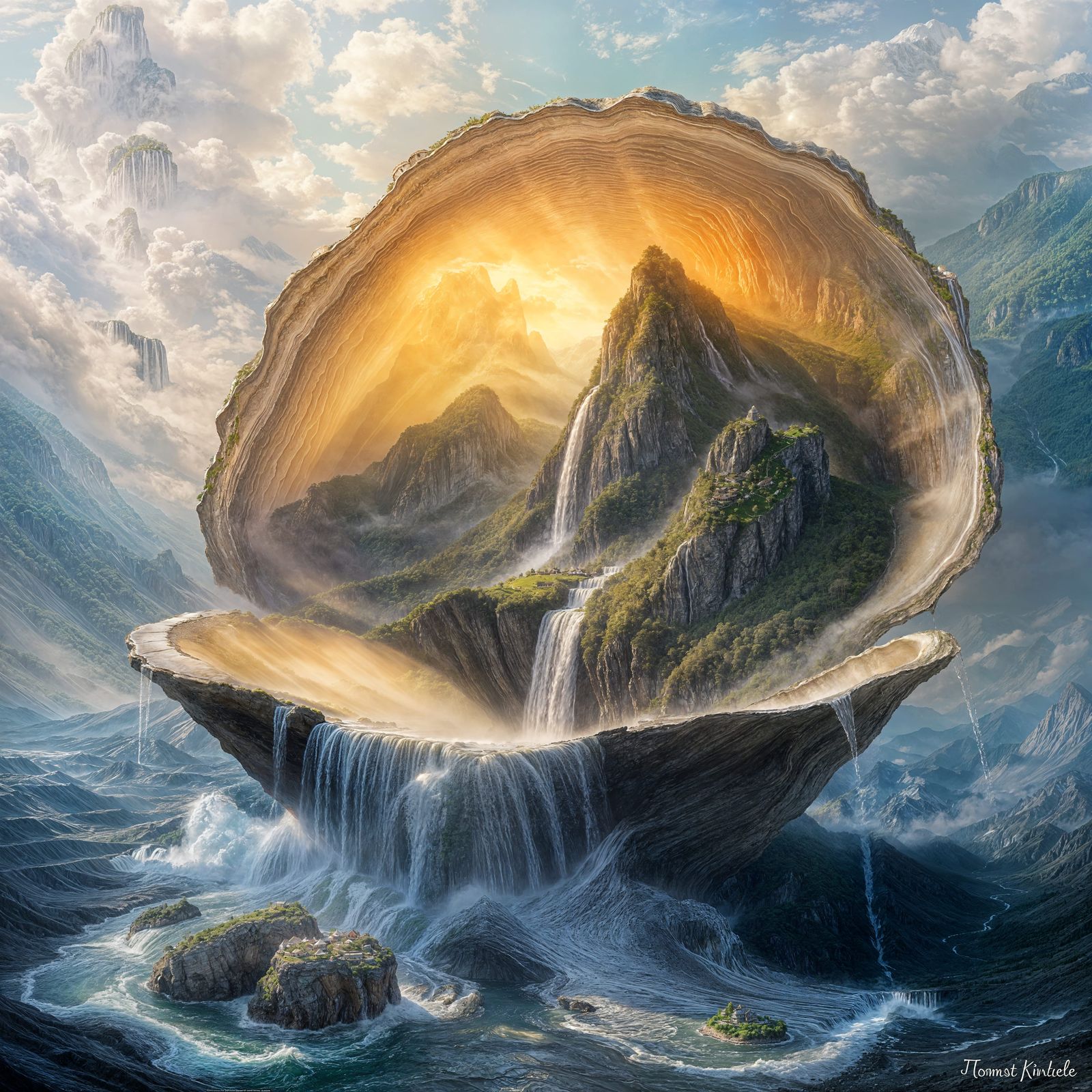 a large oyster shell, in the middle of the oyster shell there is a mountain range with a huge waterfall, ...  by @Barabashka