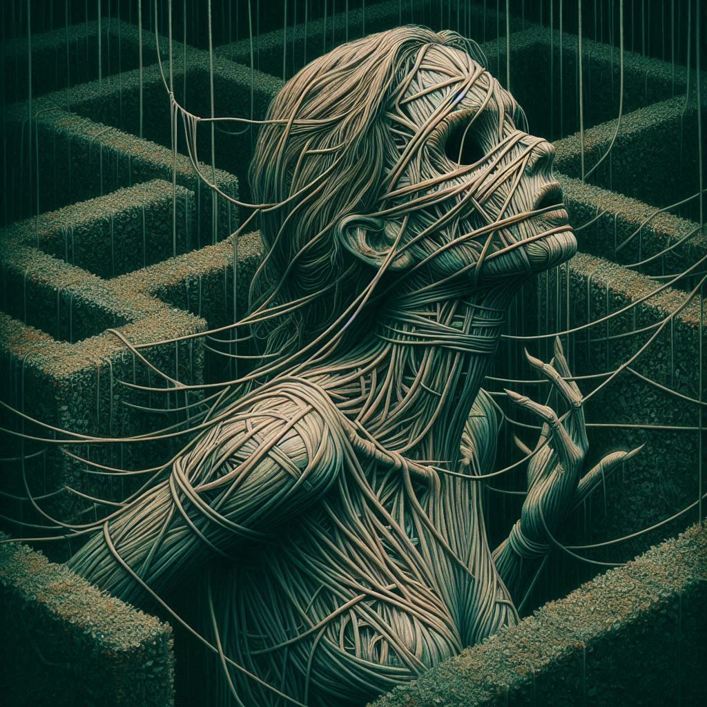 A surreal image of a woman constructed from strings in a hedge maze. The artwork features muted colors and distorted for...
