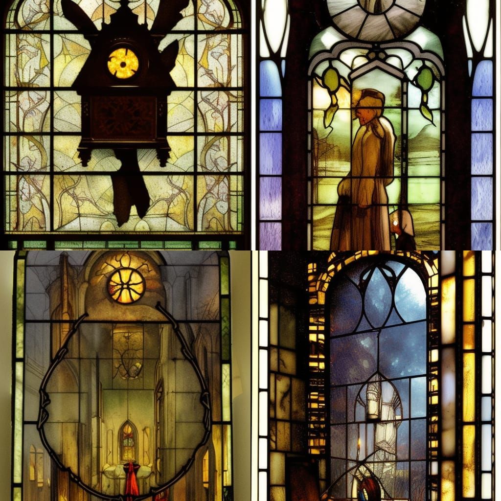 GRANDFATHER CLOCK IN STAINED GLASS LOOKING IN MIRROR