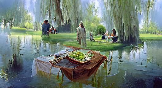 Picnic by a pond with a weeping willow tree