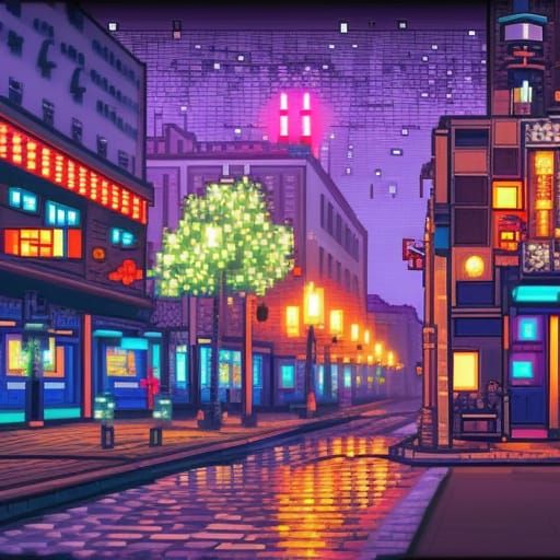 Pixel Art Downtown In The Night - Ai Generated Artwork - Nightcafe Creator