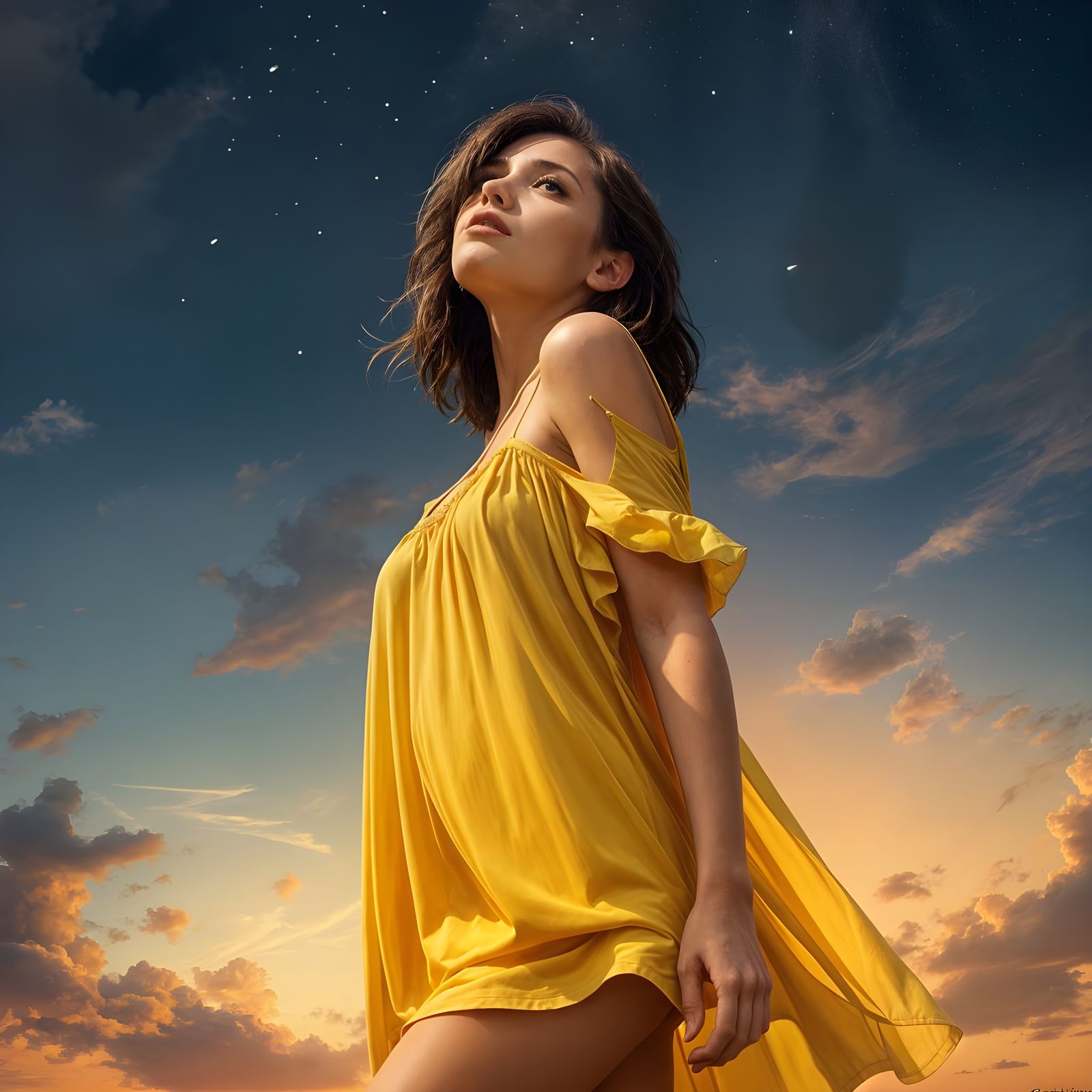 Sensual Woman Contemplates in a Vibrant Dreamlike Landscape