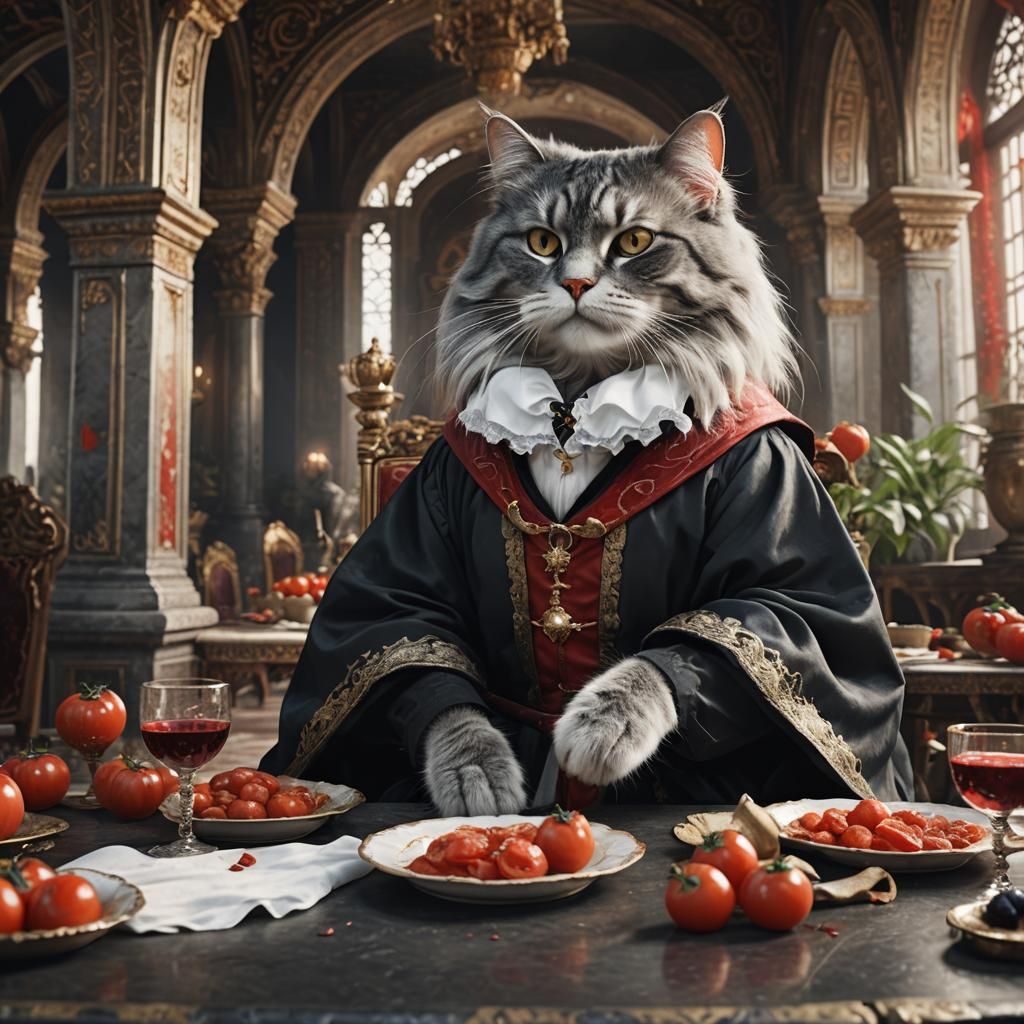 A cat dressed as a noble cat with long grey hair wearing a b...