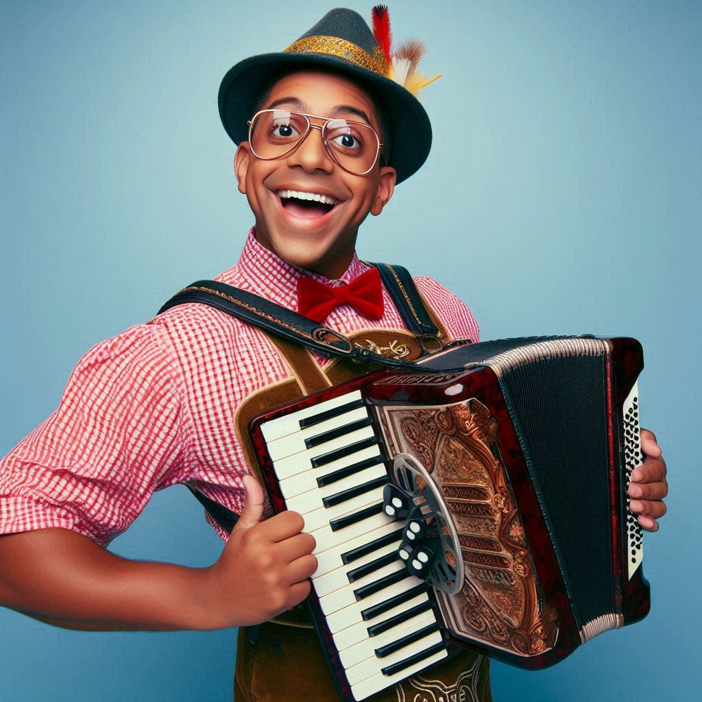 A happy and funny young Steve Urkel from ‘Family Matters’ playing the accordion in Bavarian costume