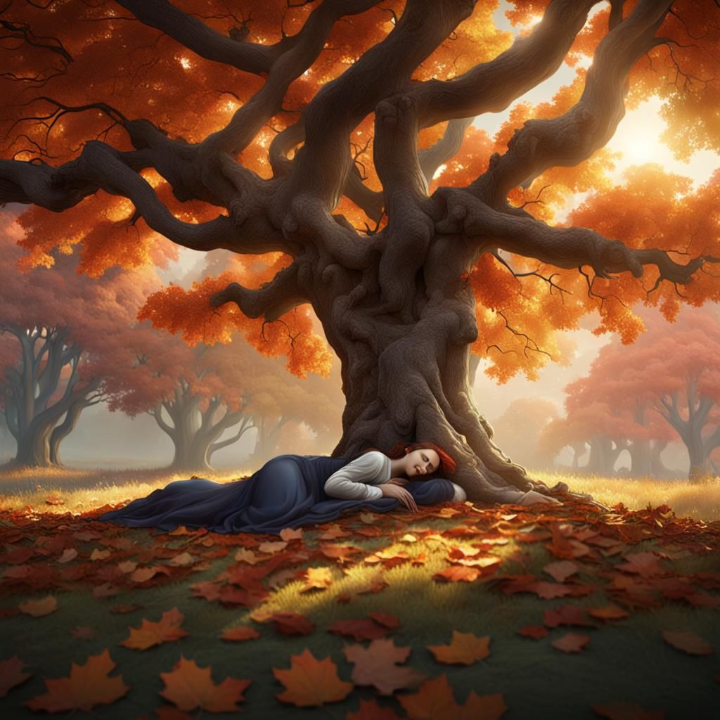 Sleeping woman under a tree at fall. Michelangelo style.