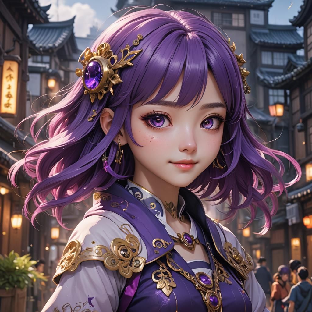 Korean anime style,nime girl with purple hair, big eyes and ...