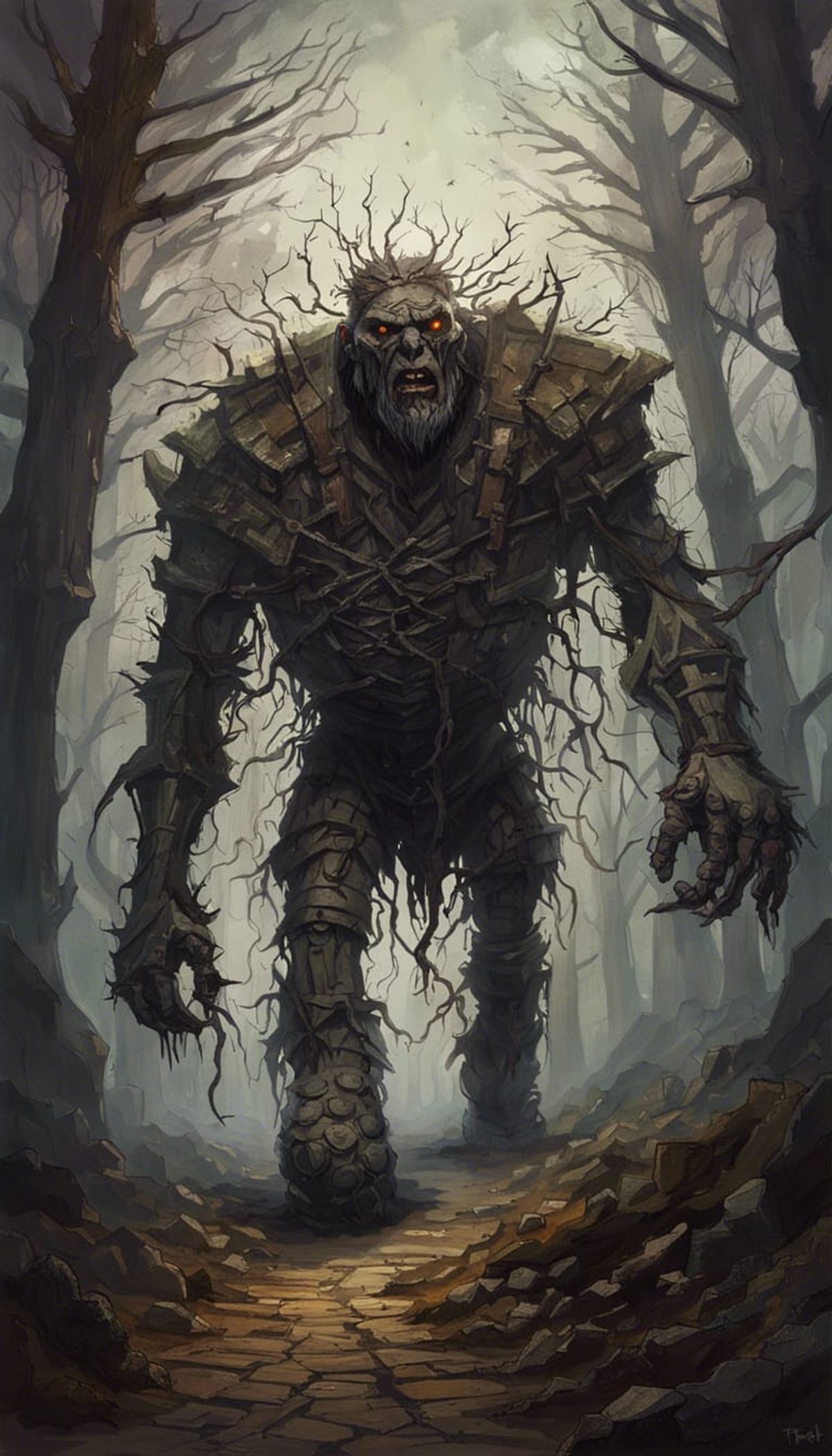 Great lumbering golem, made of rocks and sticks. Walking down a haunted ...