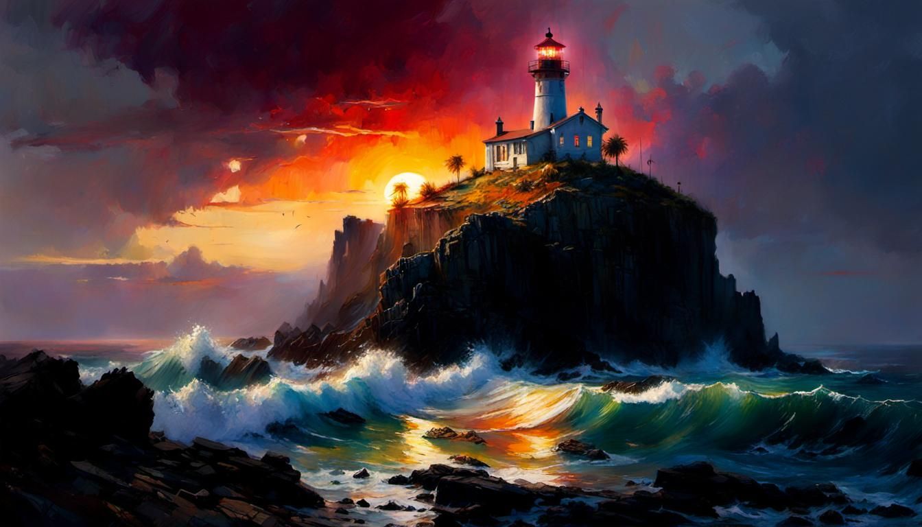 Lighthouse on rocky island. Beautiful sunset, insanely detailed matte painting with rough paint strokes ...  by @Hugo Raul