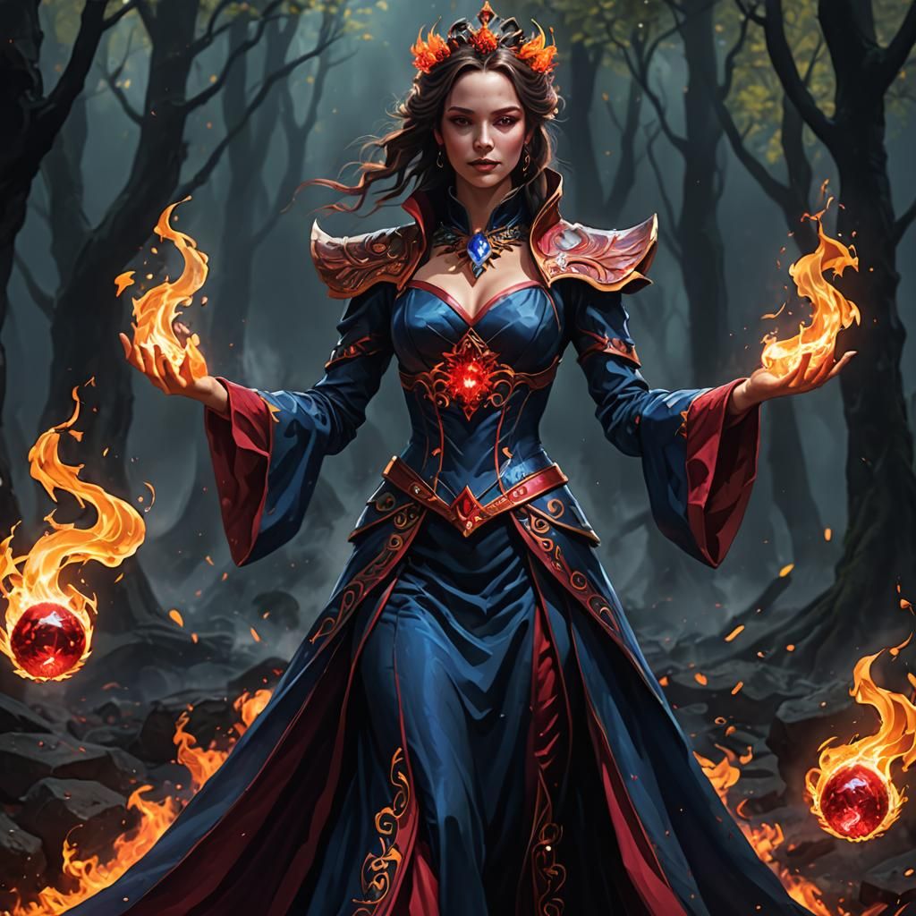 Female fire elementalist wearing glowing dark sapphire and r...