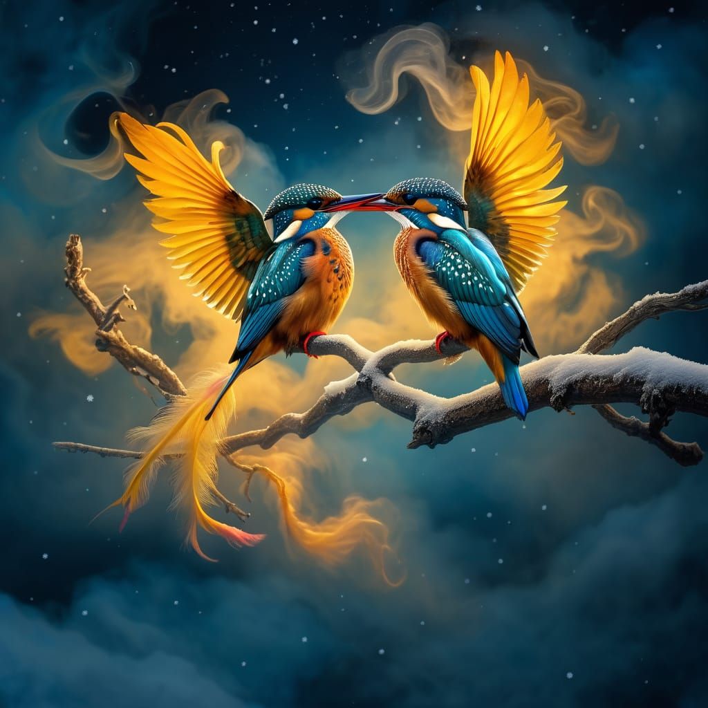 Two Kingfisher Creature Made of Smoke