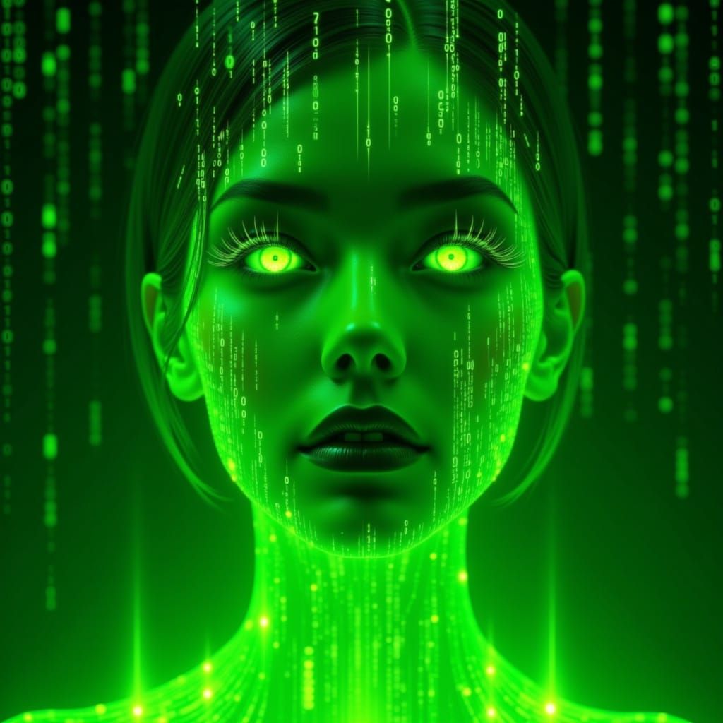 Glitchcore portrait (((Binary code dream))) background, (((double exposure: transparent bioluminesenty glowing limegreen 20 year androgyne H...
