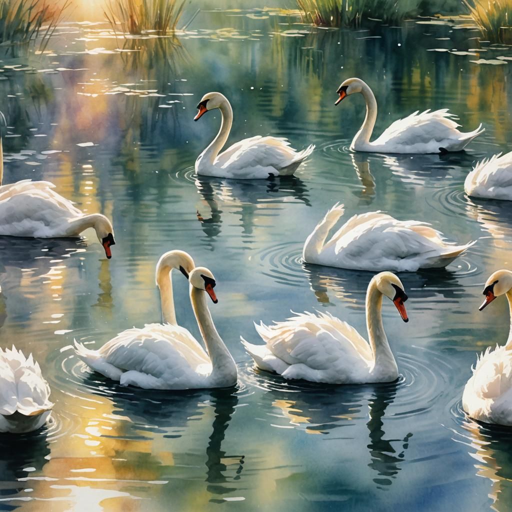 majestic swans, water, sun, watercolor splash,  alcohol ink chalk art, airbrush art 