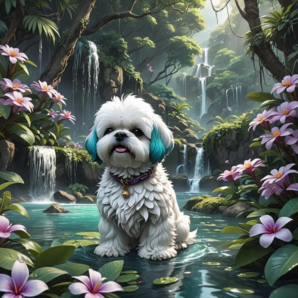 Filigree Teal purple Plumeria Jungle waterfall White bichon ...