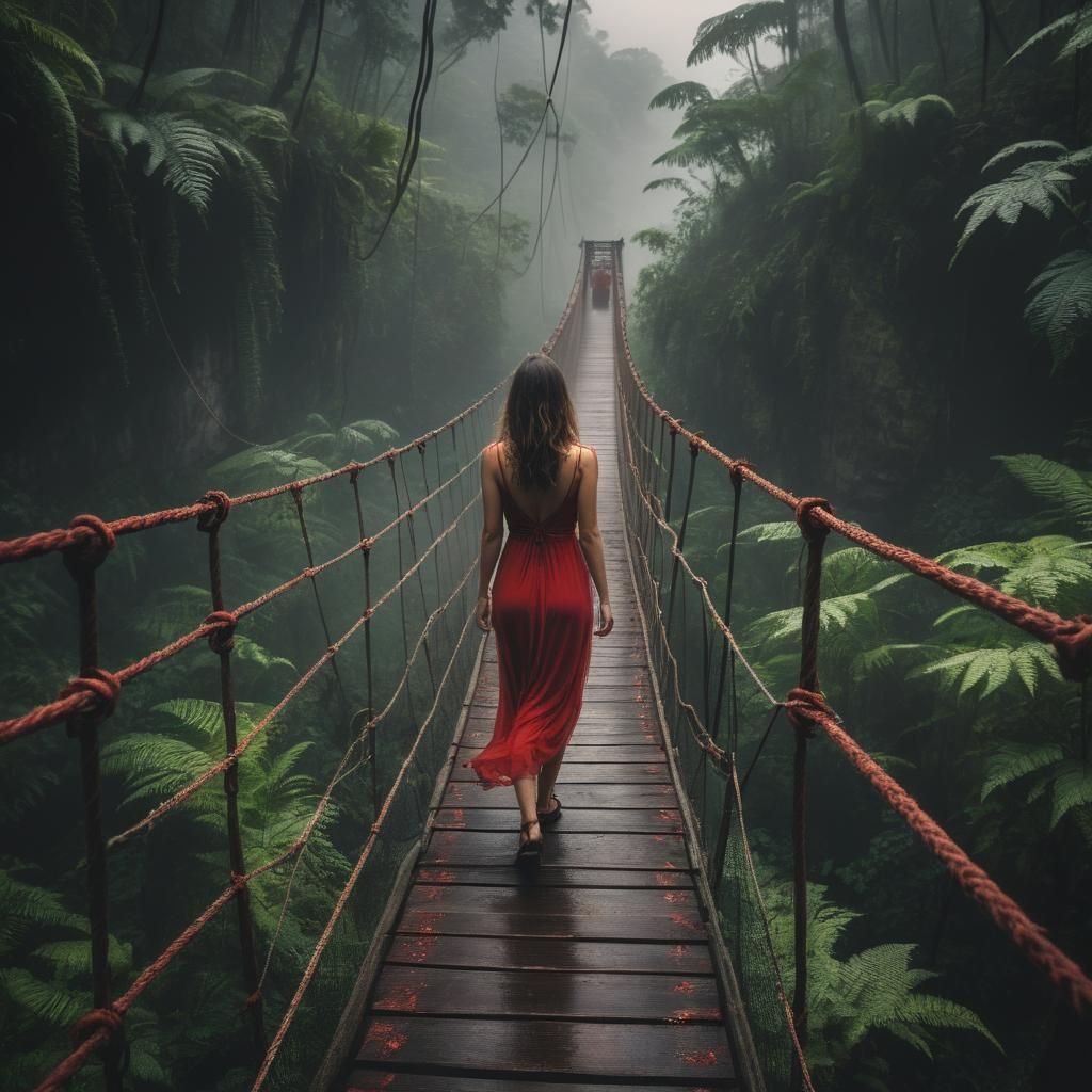 woman in a red dress walking on an weathered suspension brid...