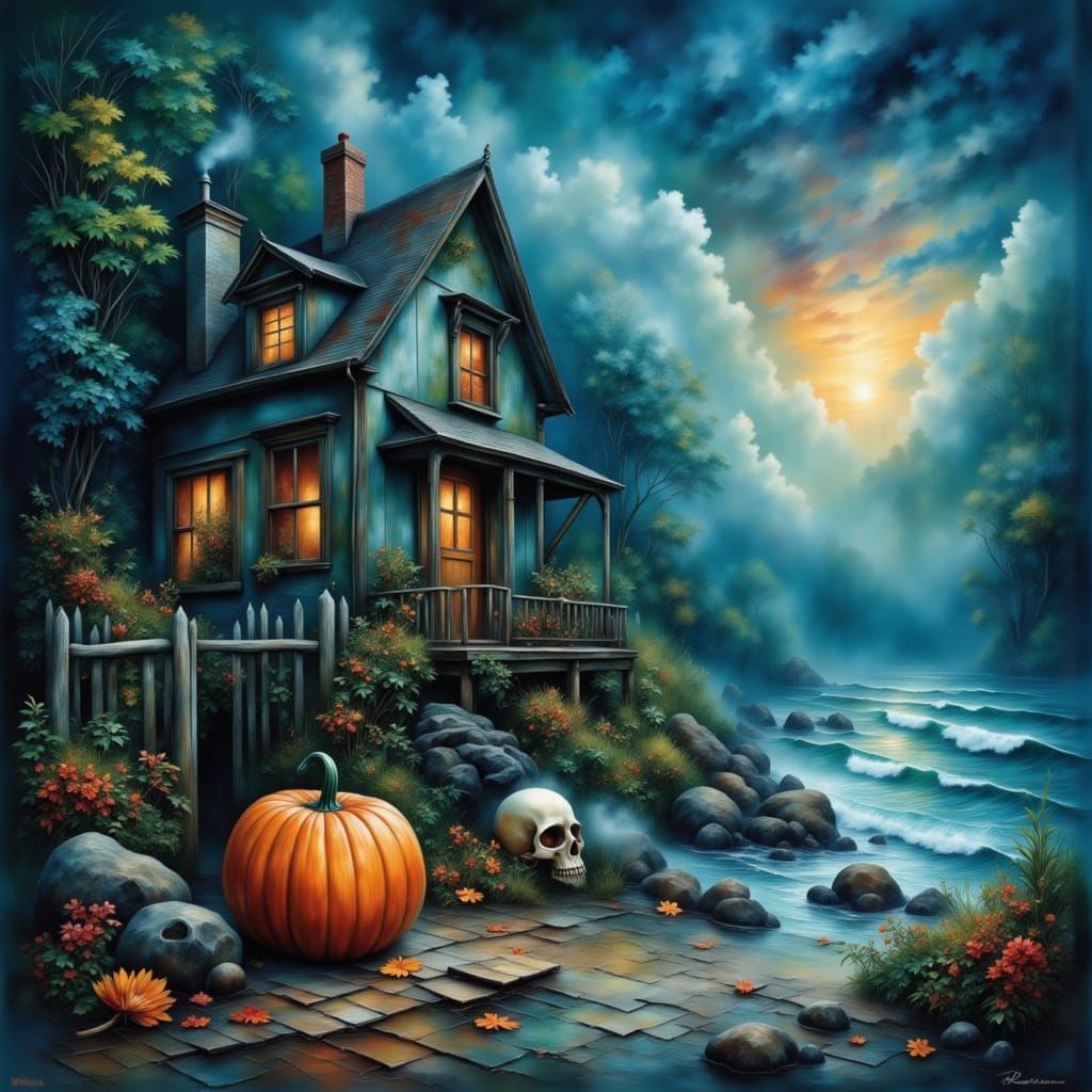 Haunted Halloween Cottage with Black Cat on Stormy Beach