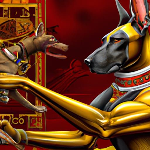 The Egyptian god Anubis blocked the arm of the red horned de...