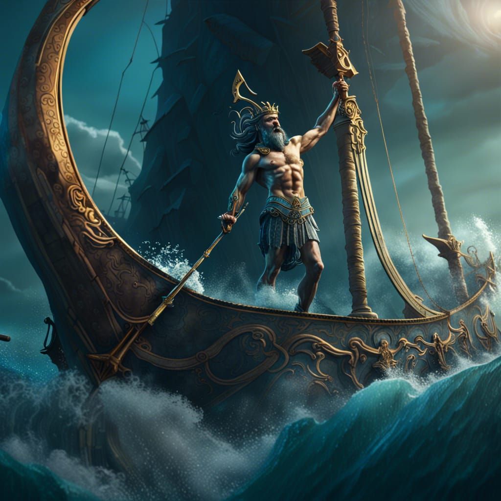 poseidon raising his trident at a ship in the ocean