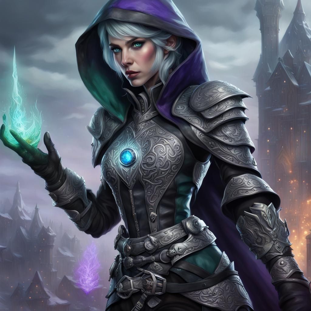 Dnd rogue spy changeling 25 years old 5"3' tall 98 lbs(pure white no pigmentation skin) glacier blue eyes silver hair in...