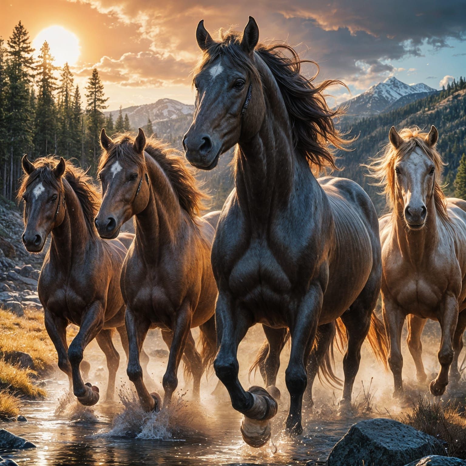Majestic Wild Horses in Triadic Colors