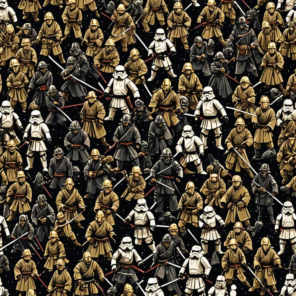 Podrías hacerme imágenes donde aparesca samurai japonés peleando en un fondo galáctico y naves de la película la star...