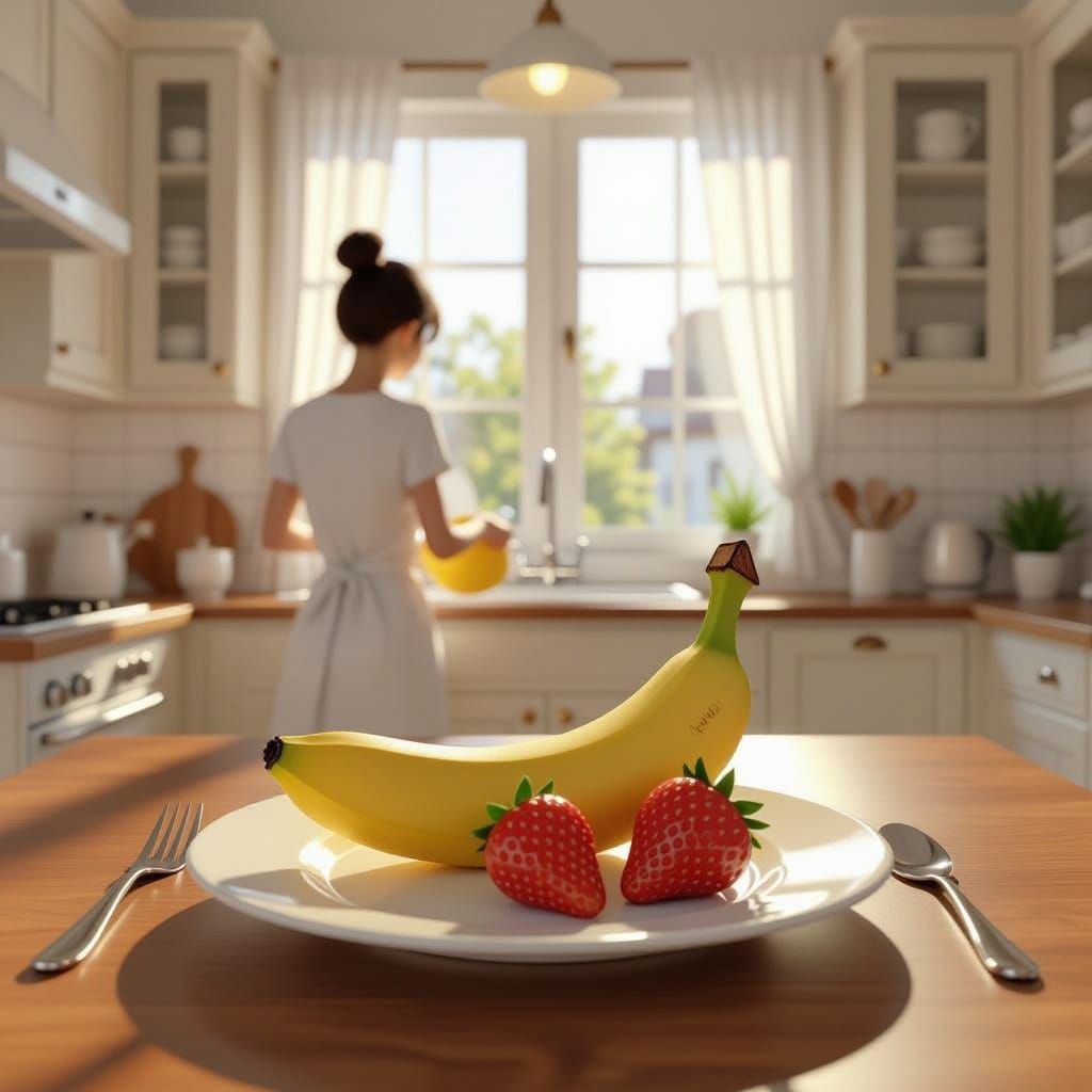 Mother Washing Dishes Near Banana & Strawberry Plate