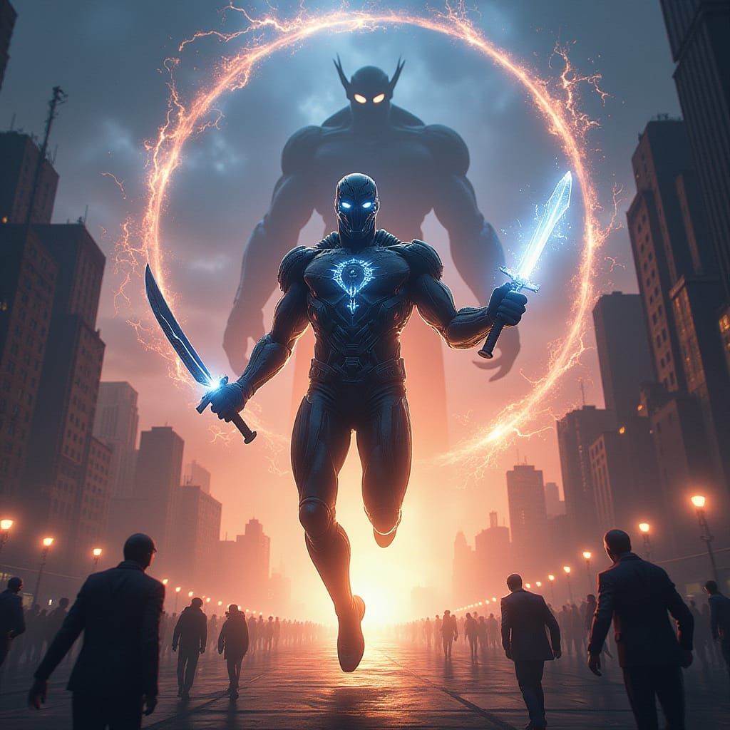 Futuristic Cityscape at Twilight A Hero Emerges i... AI Art