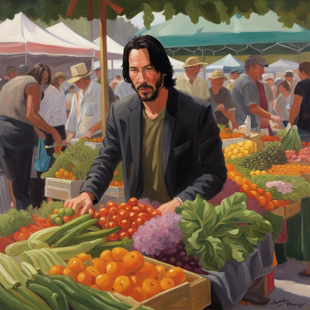 Keanu Reeves at a local farmers market. Tables of vegetables...