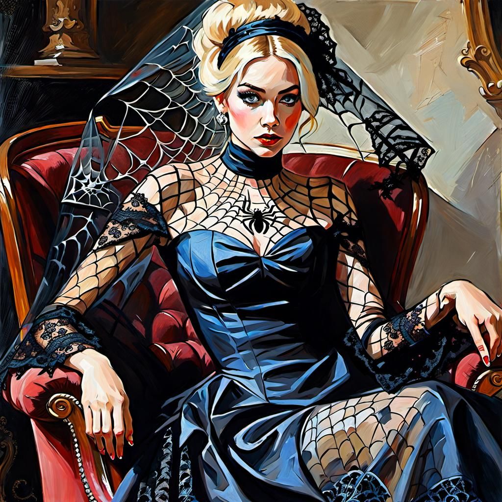 Oil painting of Regency Era blonde spider girl wearing black spiderweb dress and veil  by @Fokje
