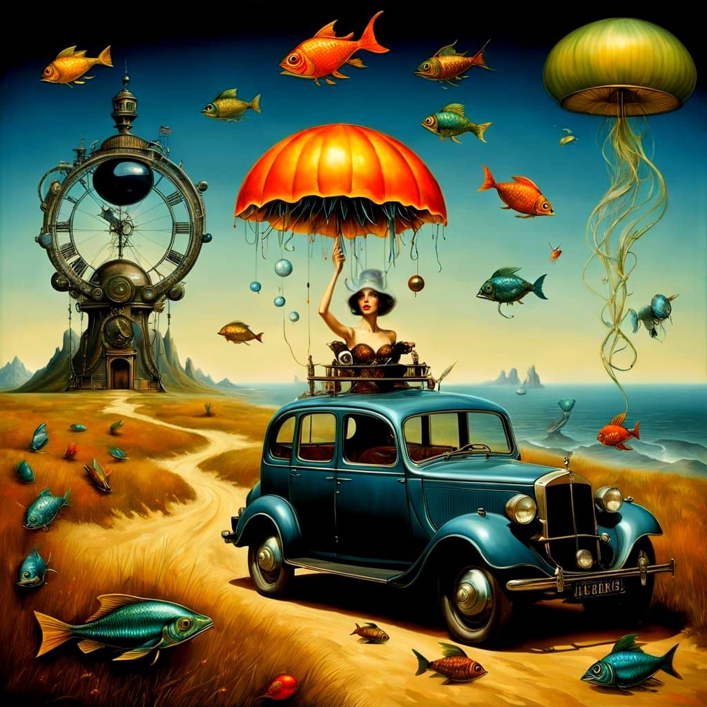 Surrealistic Lady in Vibrant Landscape