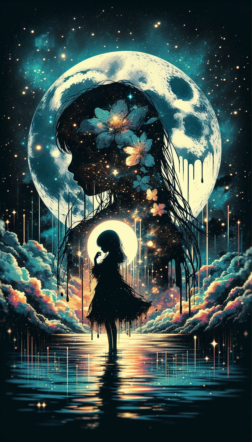 Surreal Double Exposure: Girl, Moon, and Stars