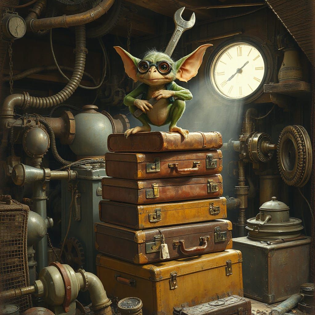 A mischievous gremlin with goggles and a wrench perches atop a towering stack of vintage suitcases, surrounded ...  by @JAG