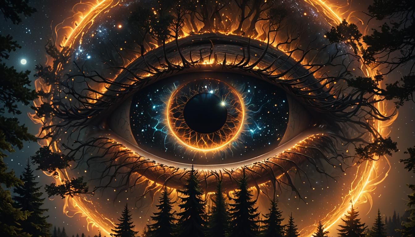 cosmic 'eye' of the sun in star-waking forest night, highly detailed, ultra-realistic, octane render, ...  by @Acerbinky