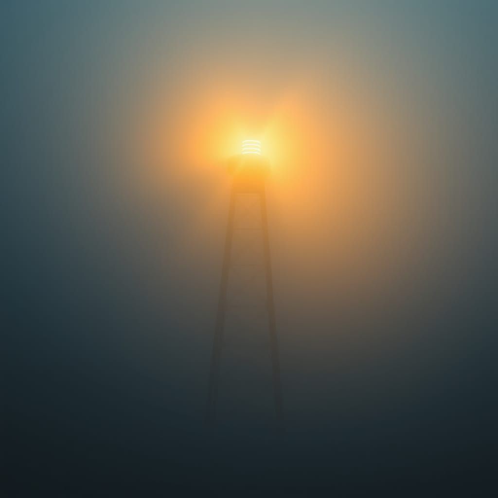 One light tower glowing through heavy fog.