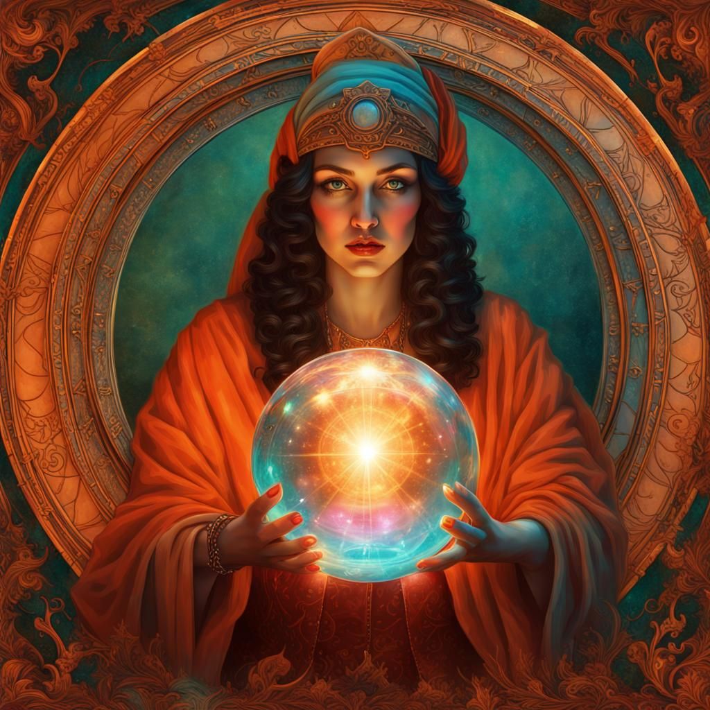 fortune teller (Roman accent 1800) using a crystal ball to divine ...