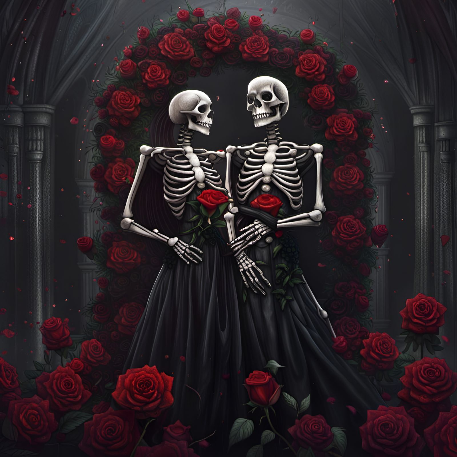 Skeleton couple , hugging, black dress, red roses, black roses, wedding ...