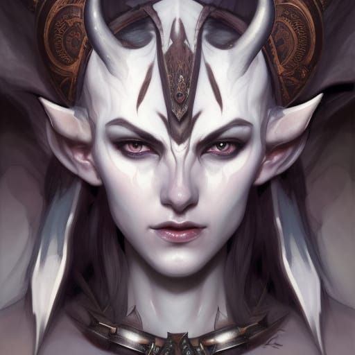 Dark elf with horns and white skin patterns and white eyes, ...