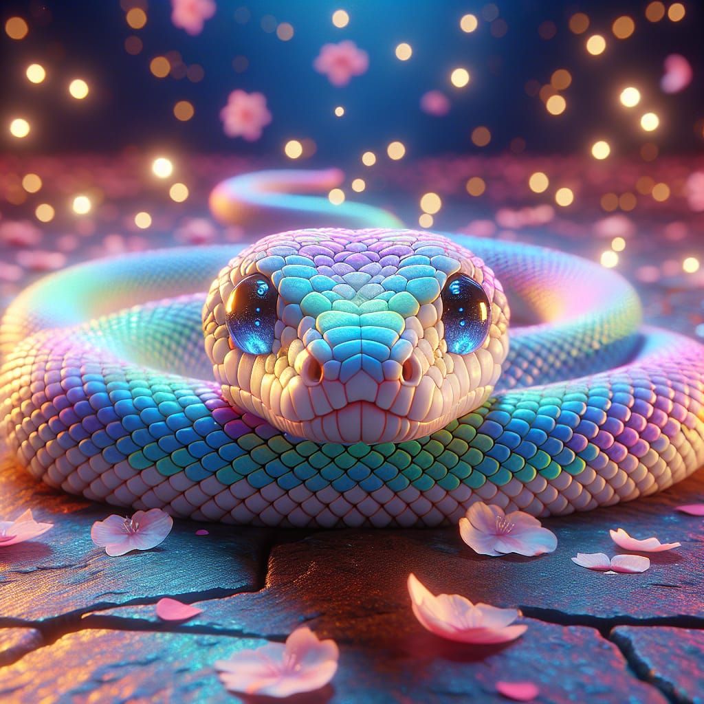A pastel-rainbow, chibi, western hognose snake.  by @Dovella